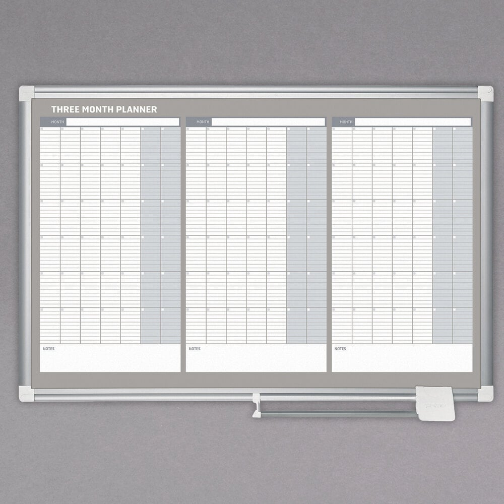 MasterVision GA03204830 36" x 24" Magnetic Three Month Lacquered Steel Dry Erase Board with Silver Plastic Frame