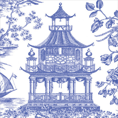 Caspari Paper Beverage Napkins, Chinoiserie Toile Pagoda Blue - 2 Packs (17510C)