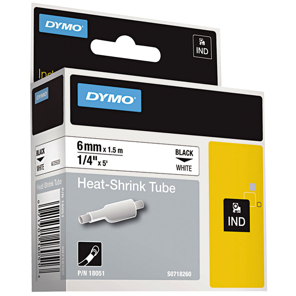 DYMO 18051 Rhino 1/4" x 5' Black on White Heat-Shrink Tube