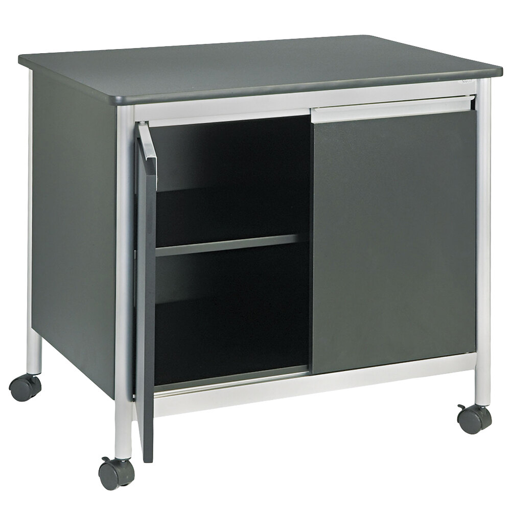 Safco 1872BL 32" x 24 1/2" x 30 1/4" Black Deluxe Steel Machine Stand with Shelf and Doors