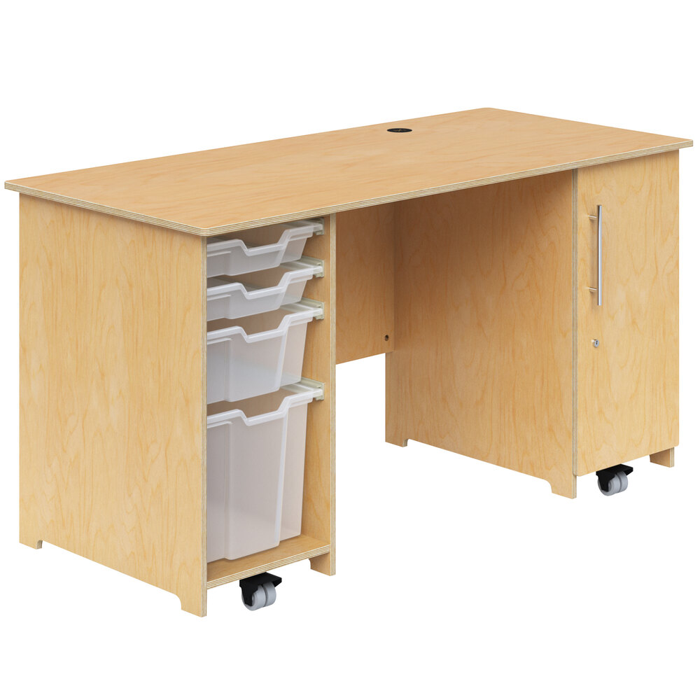 Whitney Brothers WB1809 Mobile Teacher's Desk with Trays and Locking Door - 26" x 57 3/4" x 31"