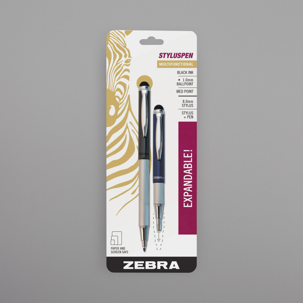 Zebra 33602 StylusPen Black Ink with Blue and Gray Barrel 1mm Telescopic Retractable Ballpoint Pen / Stylus - 2/Pack