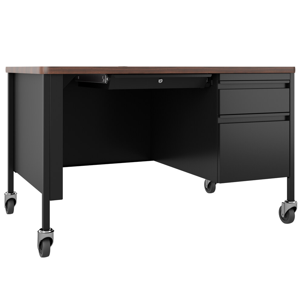 Hirsh Industries 22656 Black / Walnut Mobile Single Pedestal Teacher's Desk - 48" x 30" x 29 1/2"