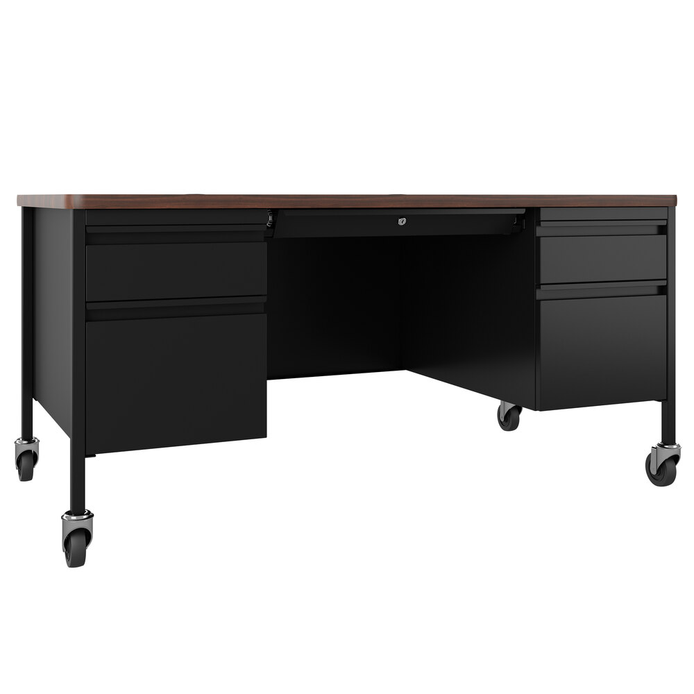 Hirsh Industries 22658 Black / Walnut Mobile Double Pedestal Teacher's Desk - 60" x 30" x 29 1/2"
