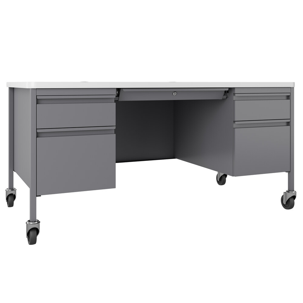 Hirsh Industries 22659 Platinum / White Mobile Double Pedestal Teacher's Desk - 60" x 30" x 29 1/2"