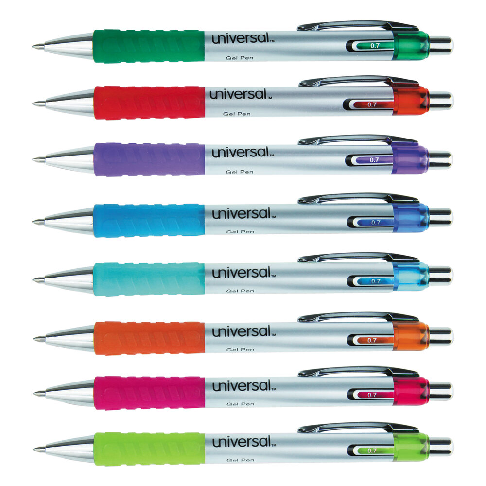 Universal UNV39725 Comfort Grip Deluxe Assorted Color with Silver Barrel 0.7mm Retractable Roller Ball Gel Pen - 8/Set