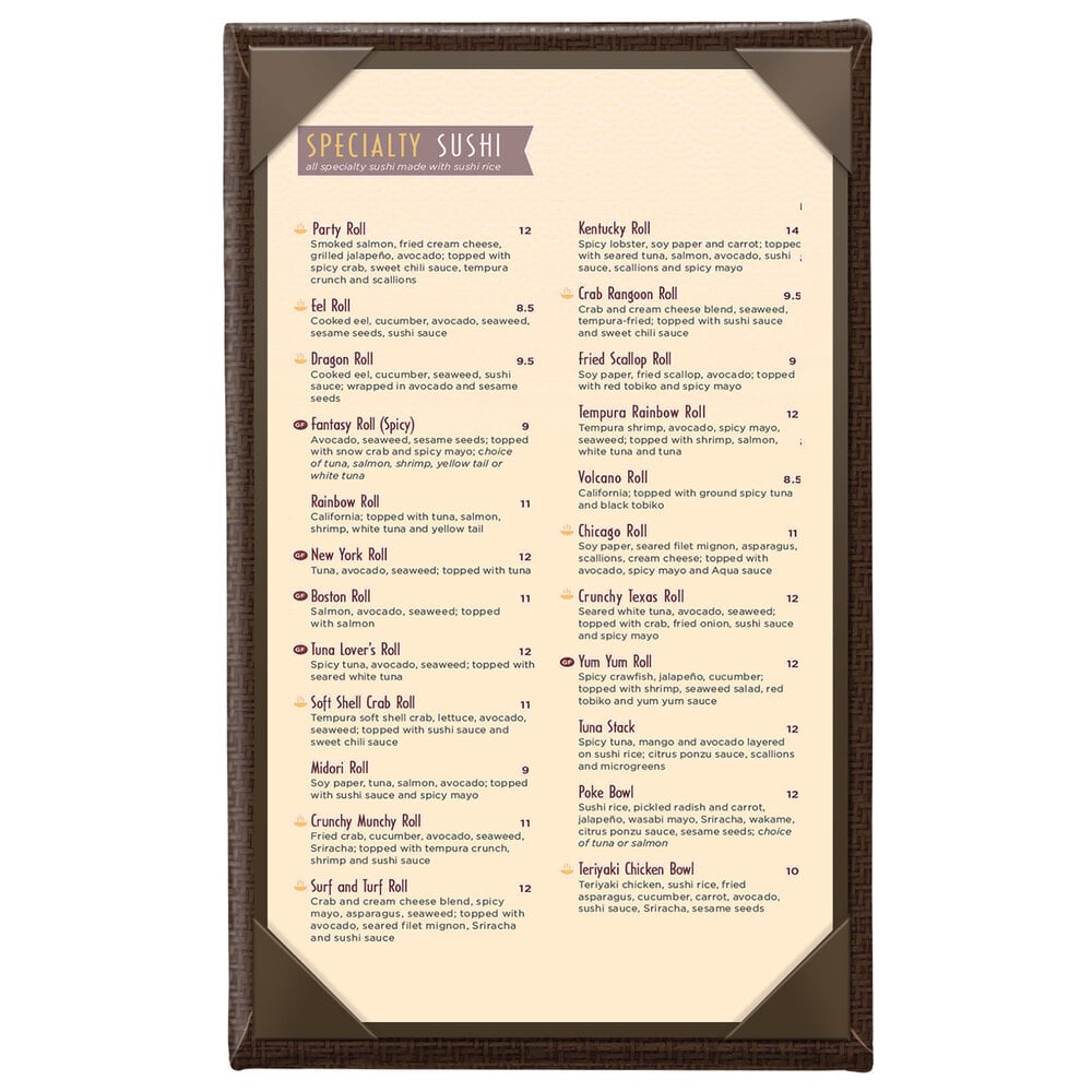 Menu Solutions WK110A Water Street Wicker 5 1/2" x 8 1/2" Customizable 1 View Menu Cover
