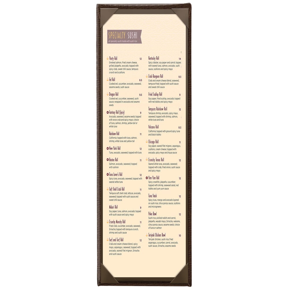 Menu Solutions WK110BD Water Street Wicker 4 1/4" x 14" Customizable 1 View Menu Cover
