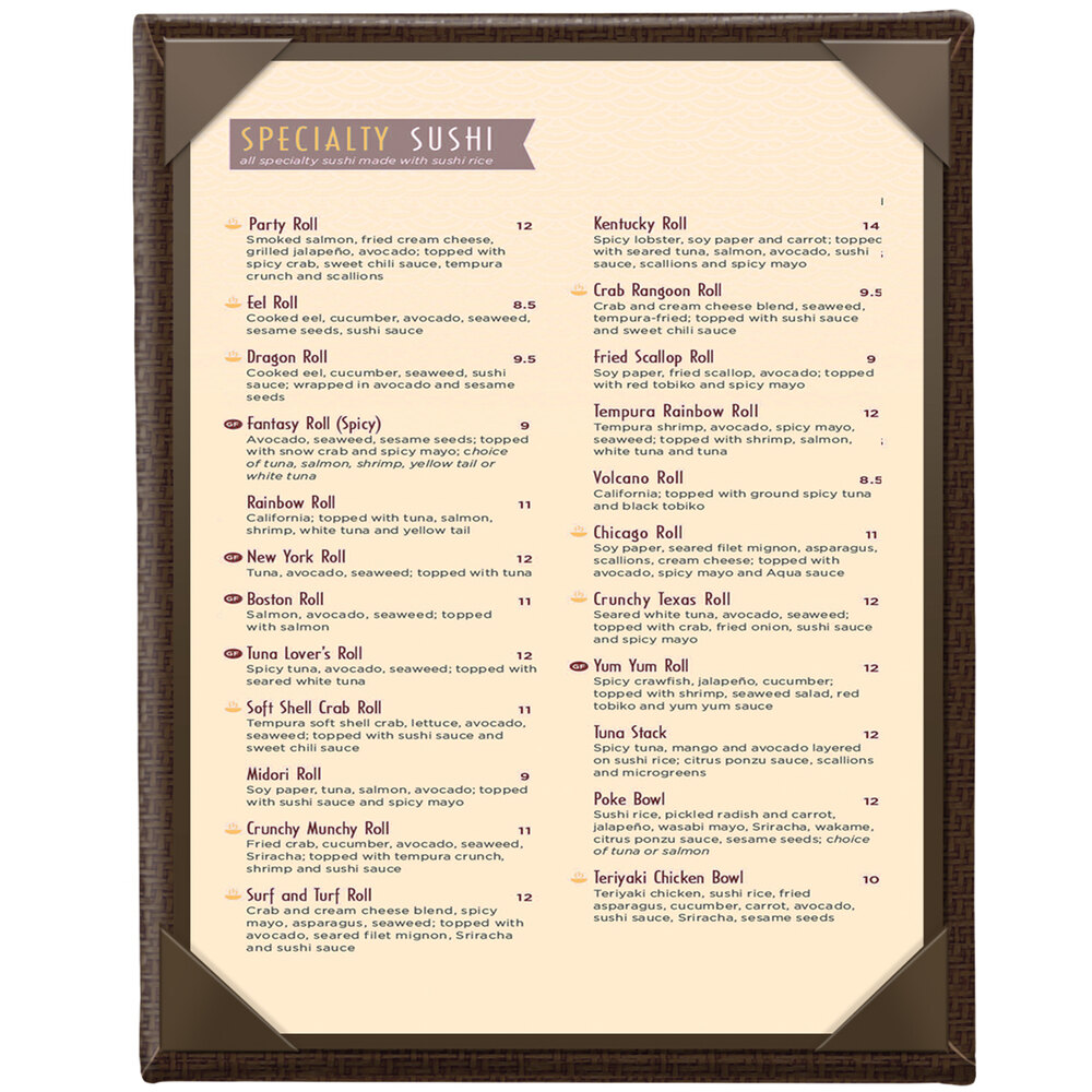 Menu Solutions WK110C Water Street Wicker 8 1/2" x 11" Customizable 1 View Menu Cover