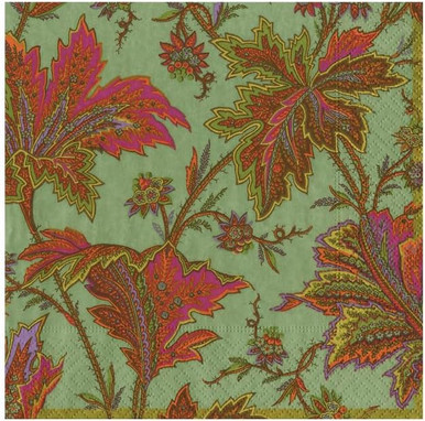 Caspari Paper Beverage Napkins, Paisley Leaves Sage Green - 2 Packs (18762C)