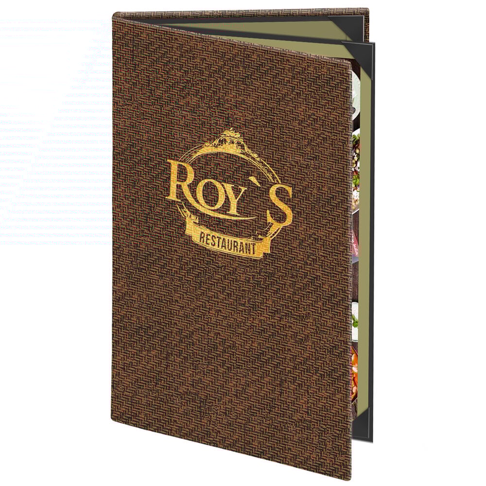 Menu Solutions WK140A Water Street Wicker 5 1/2" x 8 1/2" Customizable Triple Panel 4 View Booklet Menu Cover