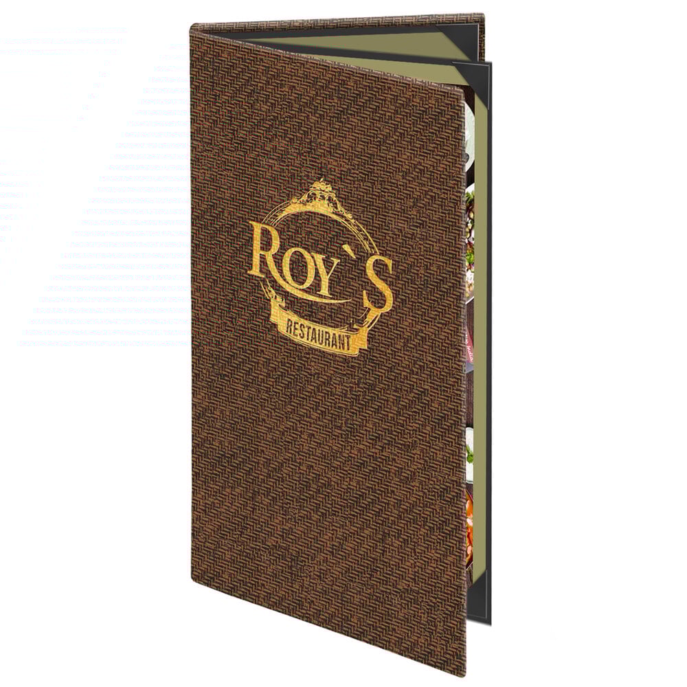 Menu Solutions WK140B Water Street Wicker 5 1/2" x 11" Customizable Triple Panel 4 View Booklet Menu Cover