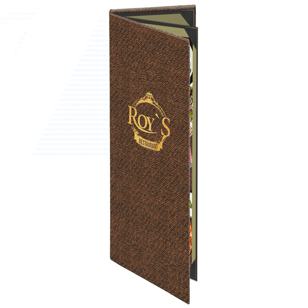 Menu Solutions WK140BD Water Street Wicker 4 1/4" x 14" Customizable Triple Panel 4 View Booklet Menu Cover