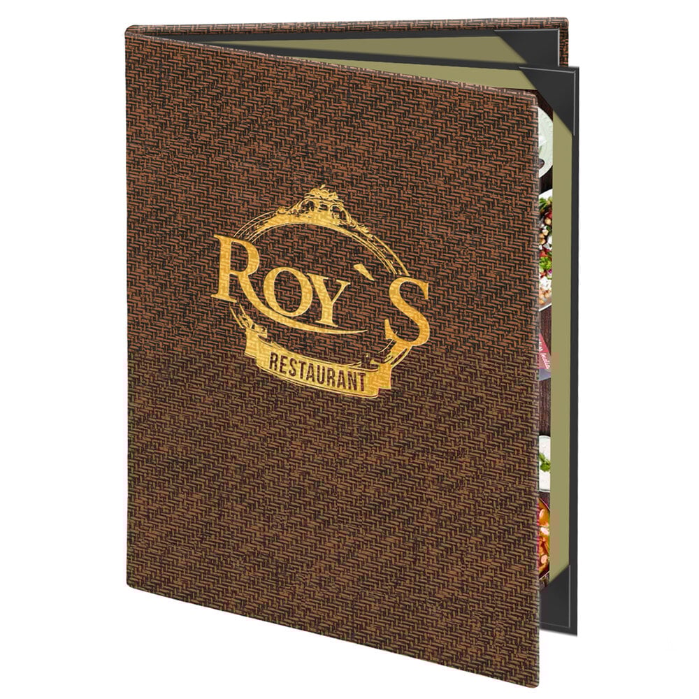 Menu Solutions WK140C Water Street Wicker 8 1/2" x 11" Customizable Triple Panel 4 View Booklet Menu Cover