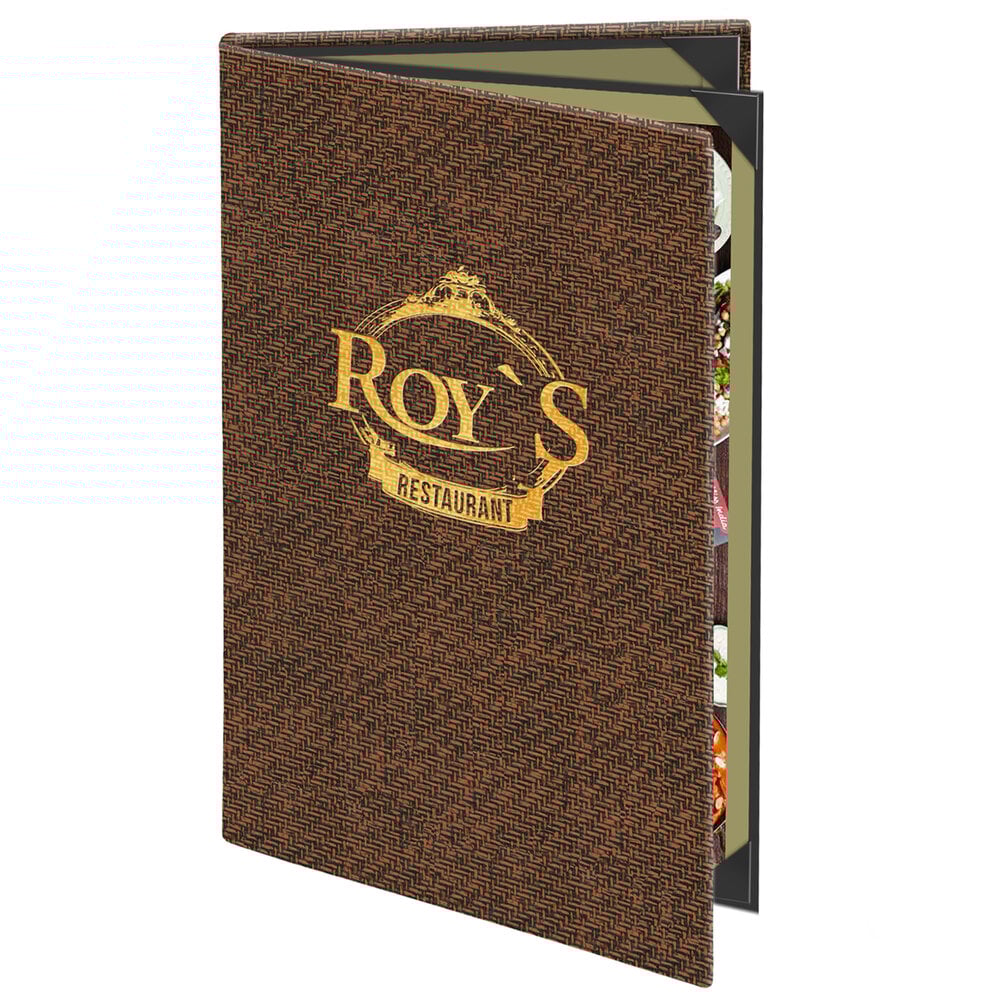 Menu Solutions WK140D Water Street Wicker 8 1/2" x 14" Customizable Triple Panel 4 View Booklet Menu Cover