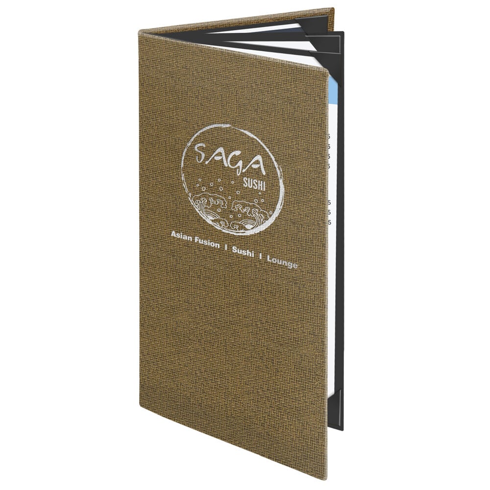 Menu Solutions WK160B Water Street Wicker 5 1/2" x 11" Customizable Quad Panel 6 View Booklet Menu Cover