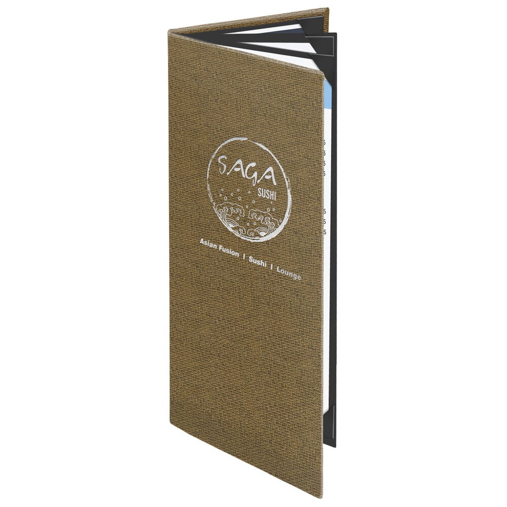 Menu Solutions WK160BA Water Street Wicker 4 1/4" x 11" Customizable Quad Panel 6 View Booklet Menu Cover