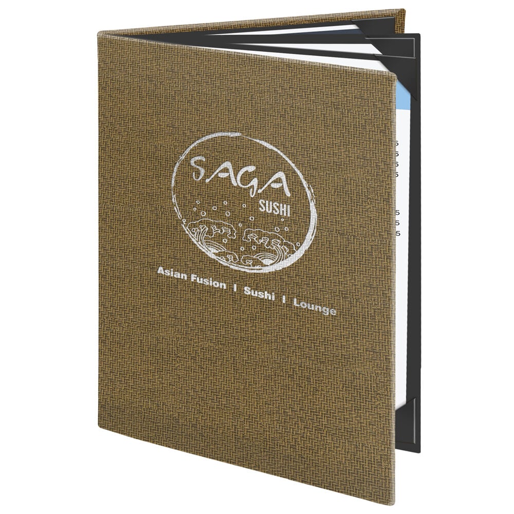 Menu Solutions WK160C Water Street Wicker 8 1/2" x 11" Customizable Quad Panel 6 View Booklet Menu Cover