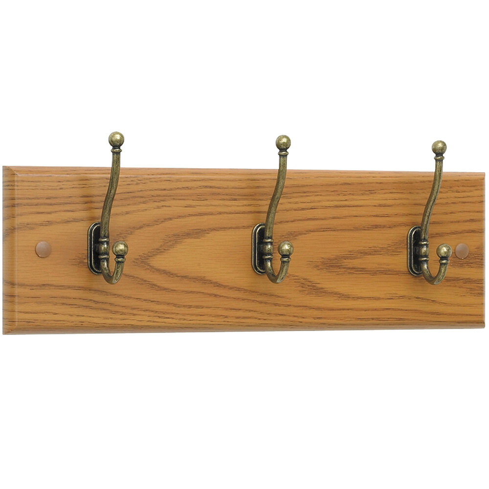 Safco 4216MO 18" Medium Oak Wood Wall Rack with 3 Double-Hooks