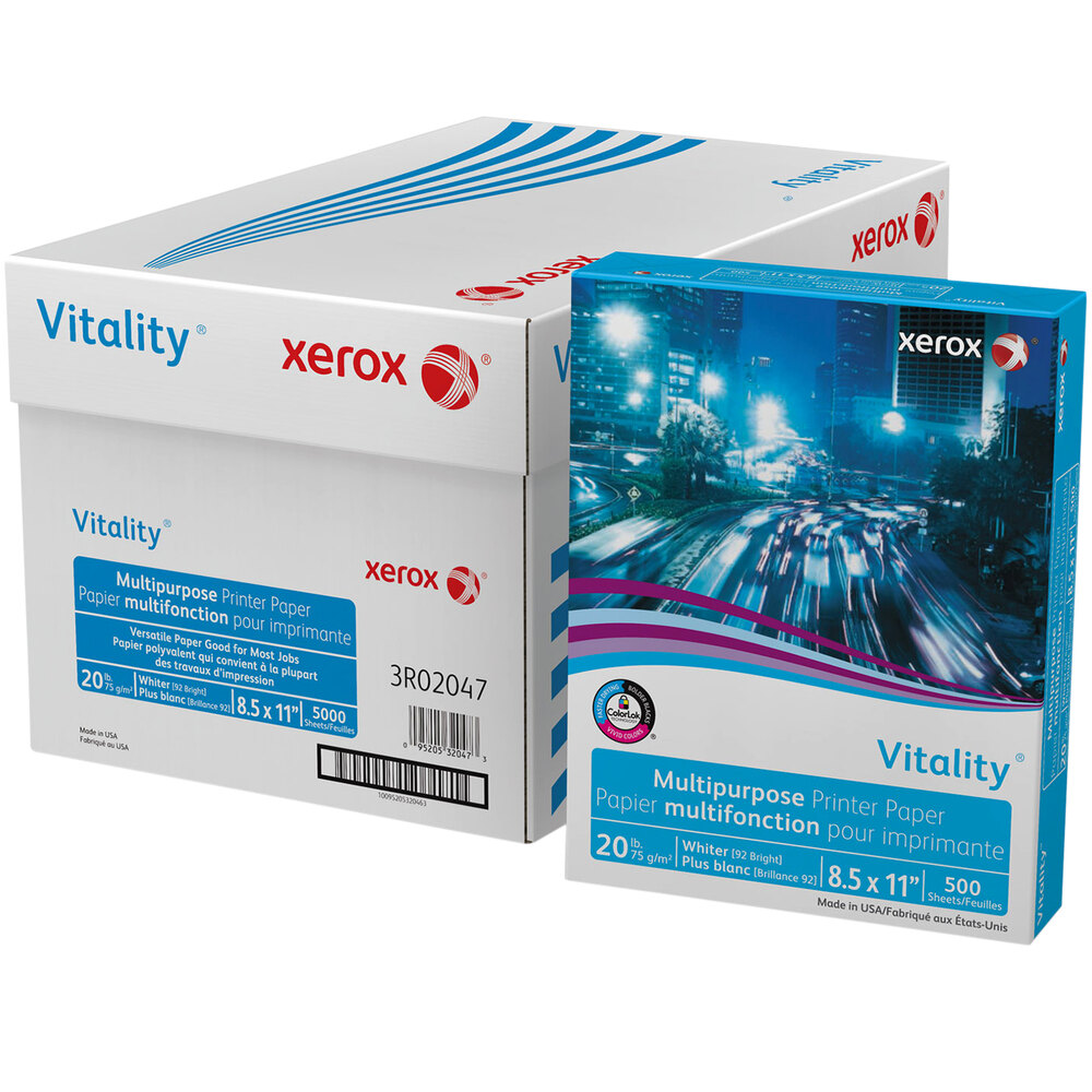 Xerox 3R02047 Vitality 8 1/2" x 11" White Case of 20 lb. Multipurpose Printer Paper - 5000 Sheets