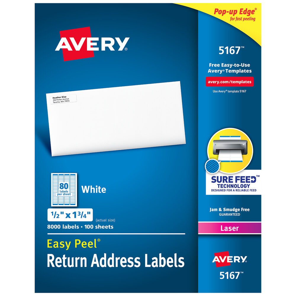 Avery® 5167 Easy Peel 1/2" x 1 3/4" Printable Return Address Labels - 8,000/Box