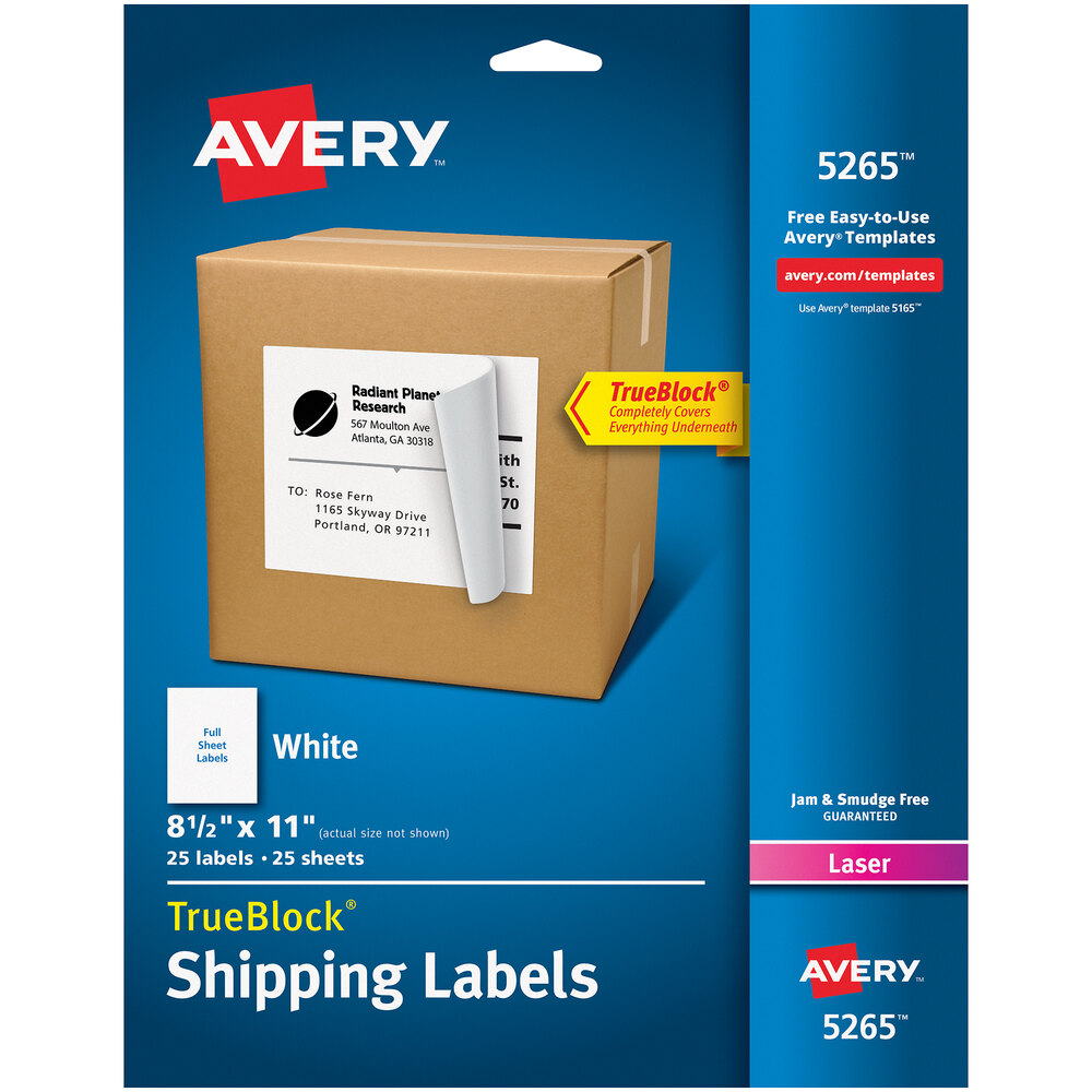 Avery® 5265 TrueBlock 8 1/2" x 11" White Shipping Labels - 25/Pack