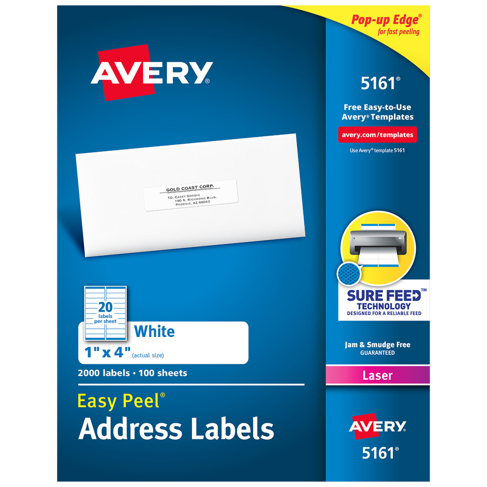 Avery® 5161 1" x 4" White Easy Peel Mailing Address Labels - 2,000/Box