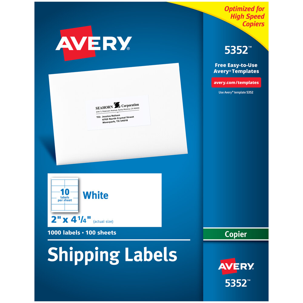 Avery® 5352 2" x 4 1/4" White Copier Shipping Labels - 1,000/Box