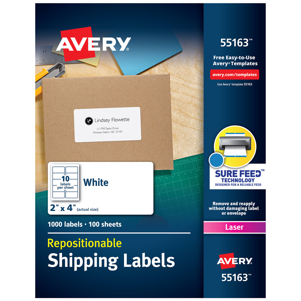 Avery® 55163 2" x 4" White Repositionable Shipping Labels - 1,000/Box