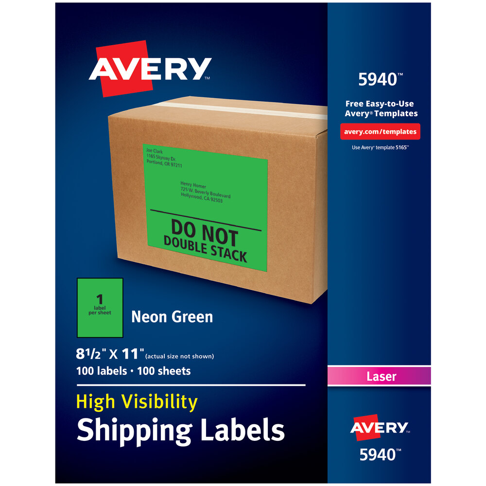 Avery® 5940 8 1/2" x 11" Neon Green Shipping Labels - 100/Box
