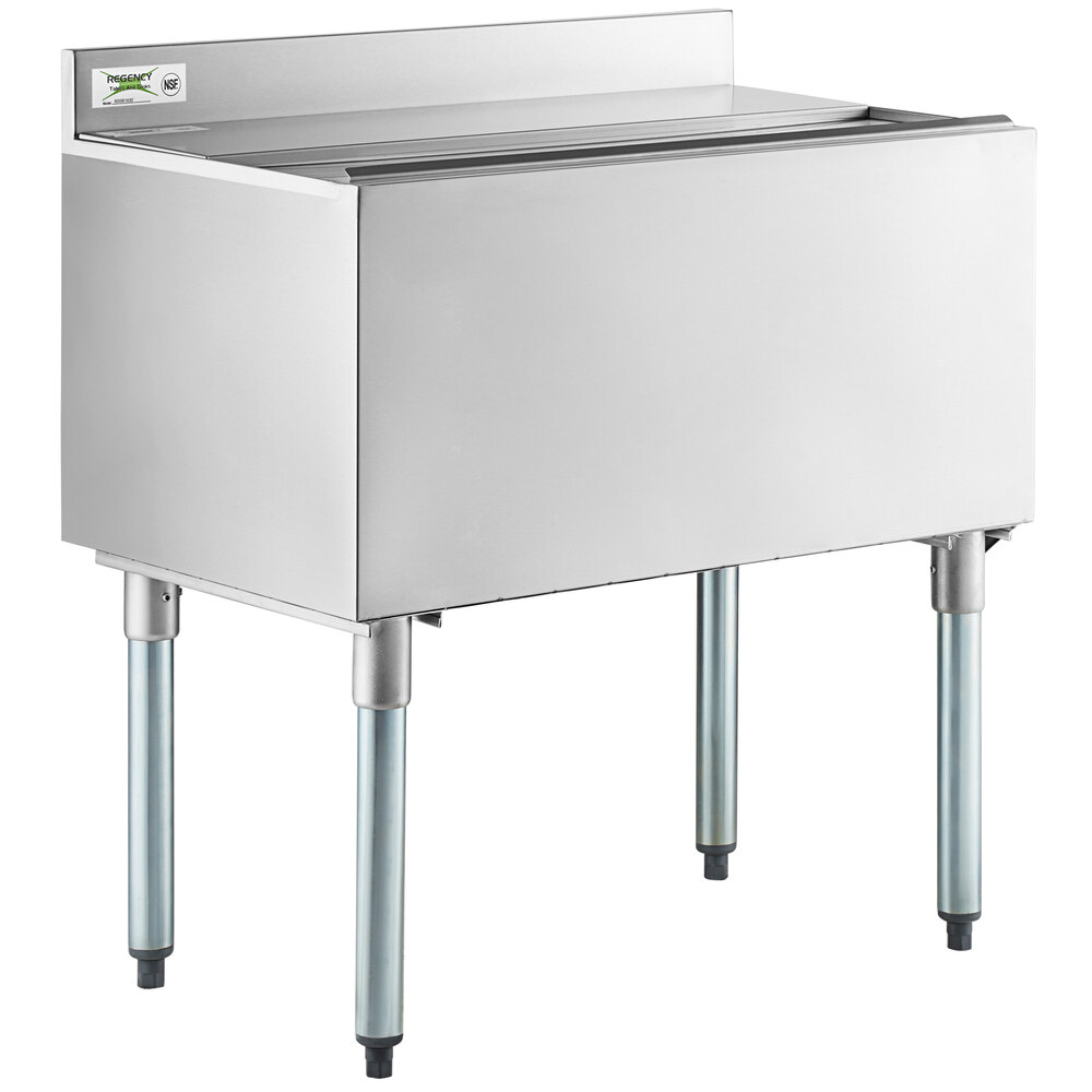 Regency 18" x 30" Stainless Steel Underbar Ice Bin with Sliding Lid and Bottle Holders - 98 lb.