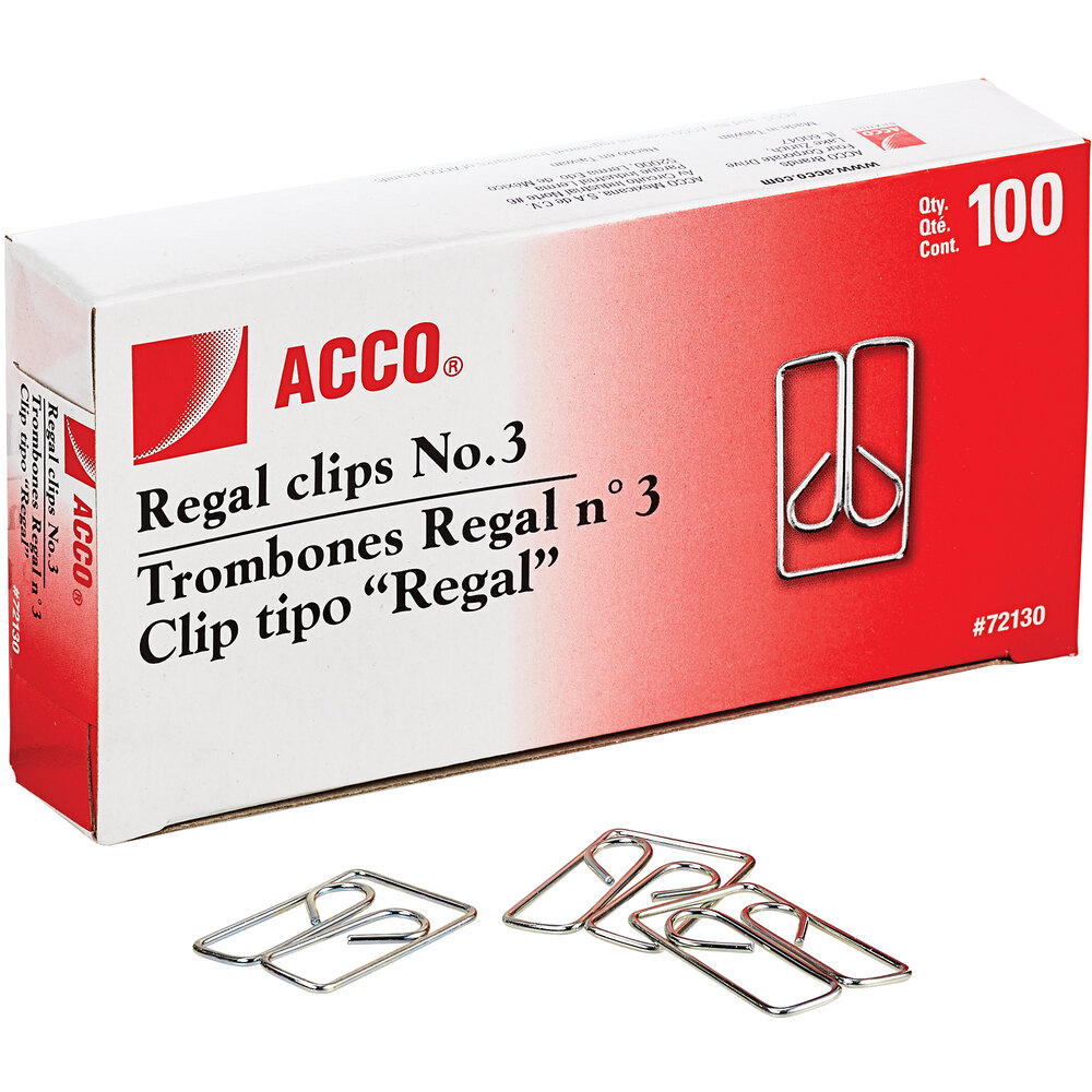 Acco 72130 Silver Smooth Finish #3 Regal Clip - 100/Box