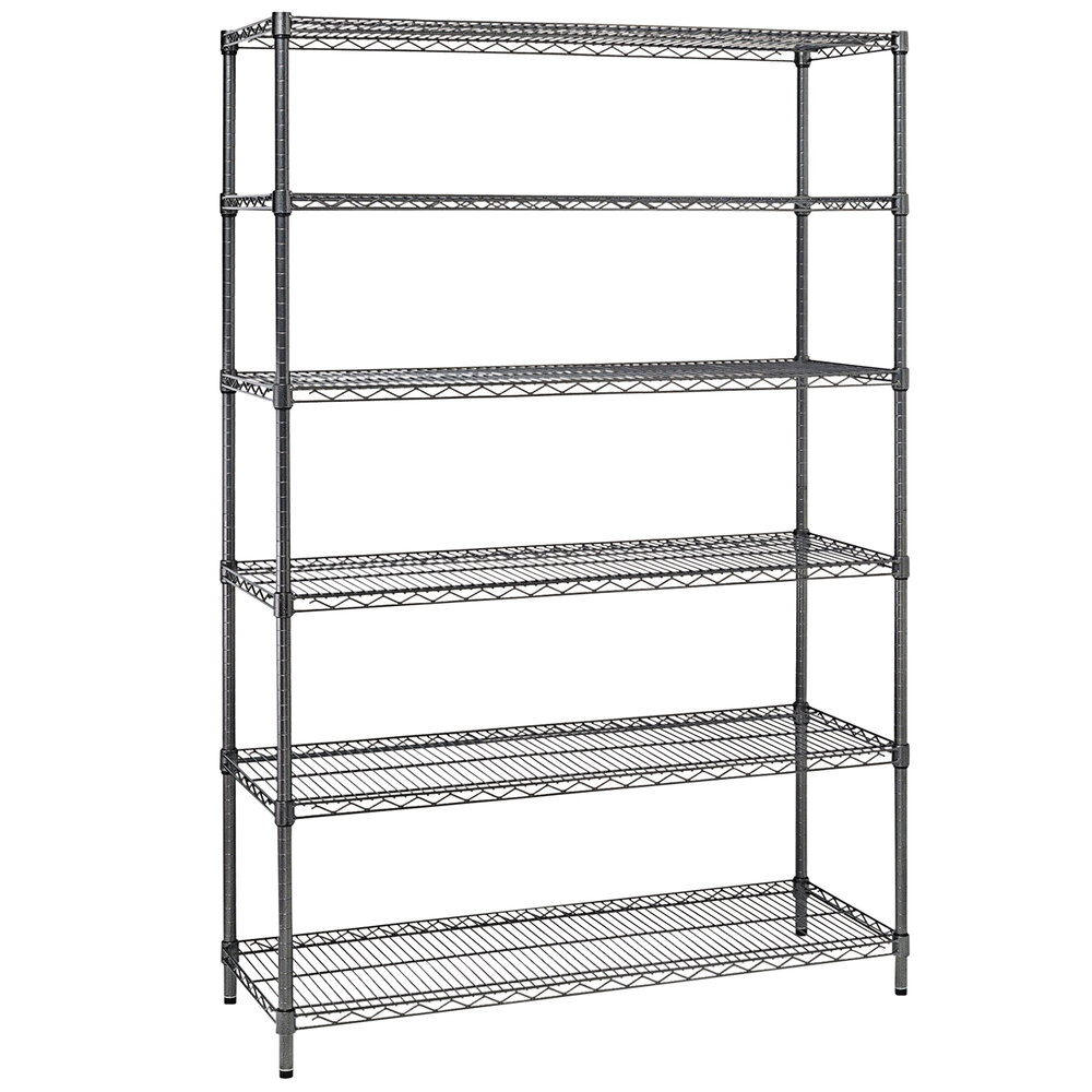 Alera ALESW664818BA 18" x 48" x 72" Black Anthracite Steel Wire Shelving 6-Shelf Commercial Starter Kit with Shelf Liners
