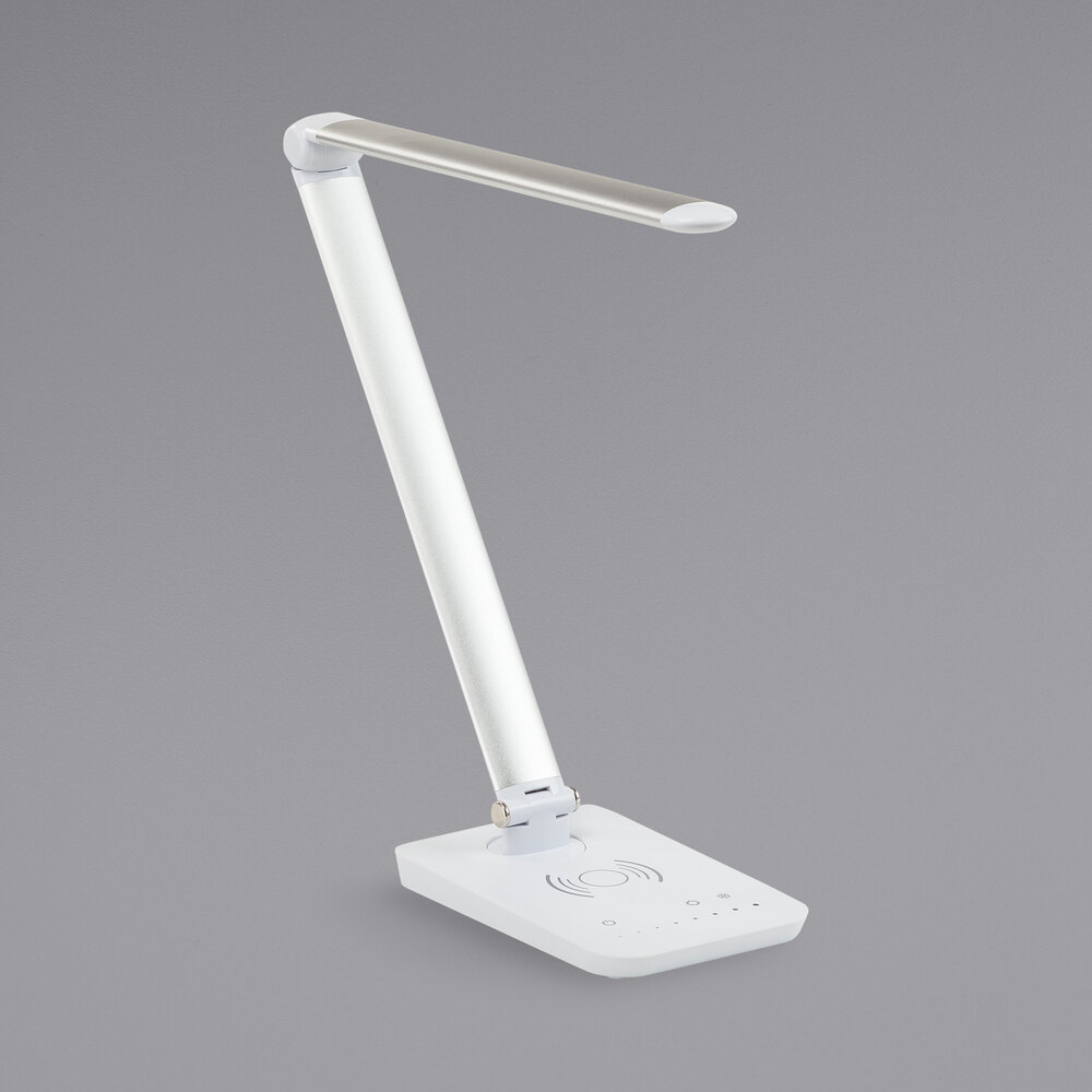 Safco 1009SL Vamp 16 3/4" Silver LED Desk Lamp with Wireless Charging, Multi-Pivot Adjustable Arm, and USB Port