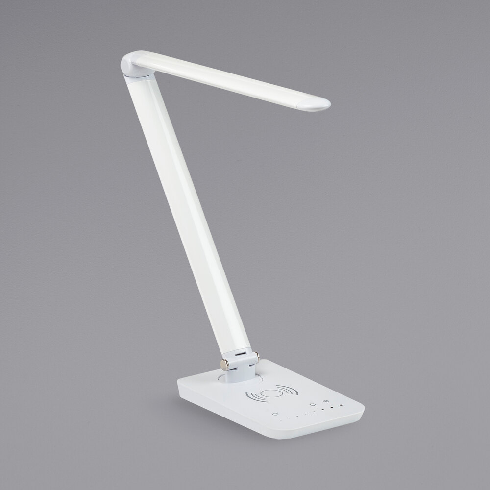 Safco 1009WH Vamp 16 3/4" White LED Desk Lamp with Wireless Charging, Multi-Pivot Adjustable Arm, and USB Port