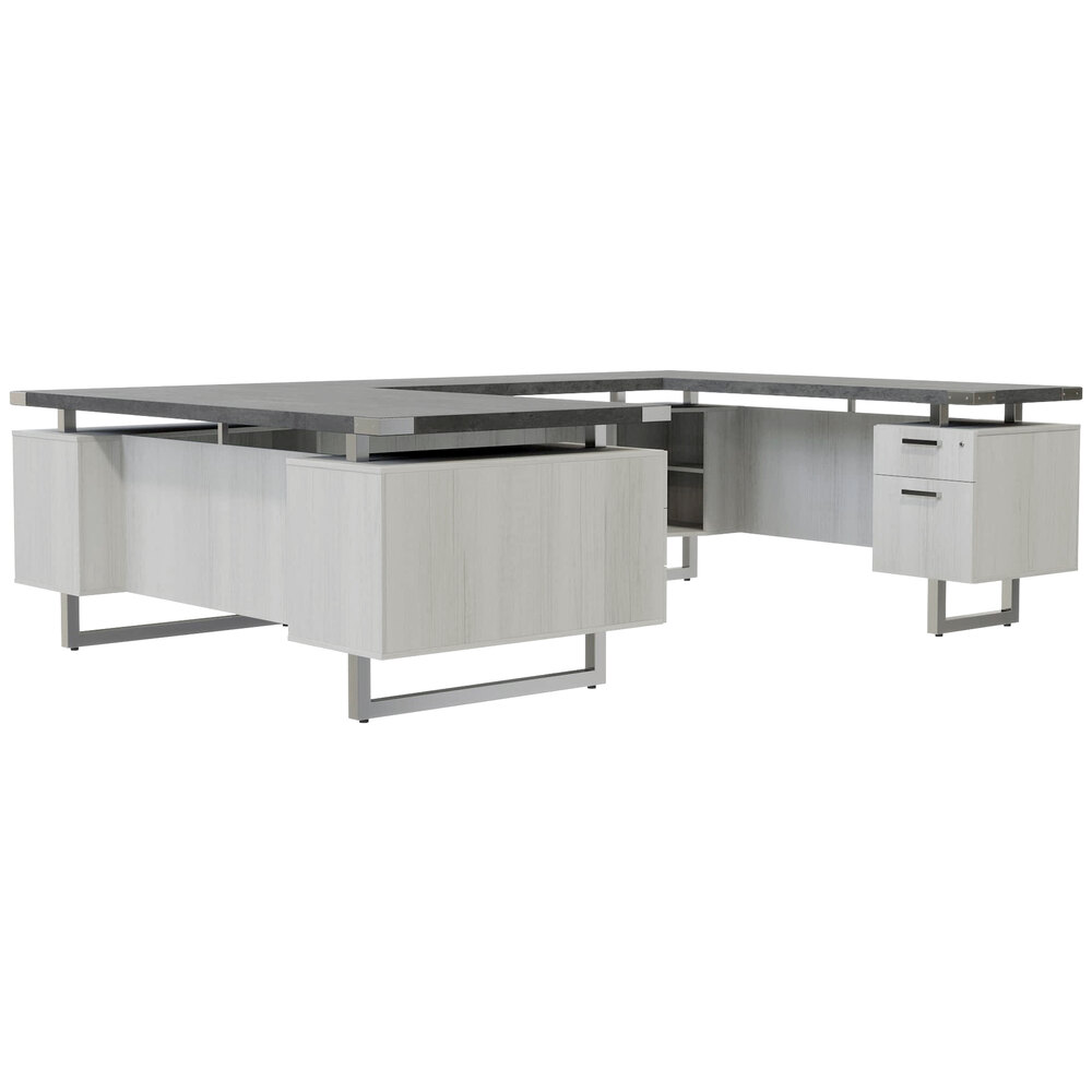 Safco MRUSBF7236SGY Mirella 72" x 98" Stone Gray / White Ash U-Shaped Desk with 36" Deep Pedestal, 4 Storage Drawers, and 1 File Drawer