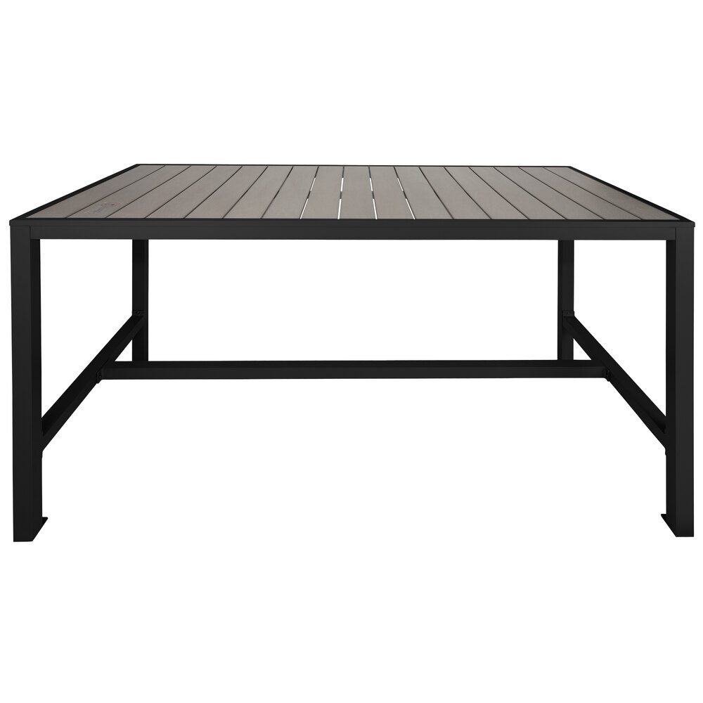 BFM Seating Seaside 35" x 72" Black Metal Bolt-Down Bar Height Table with Gray Synthetic Teak Top