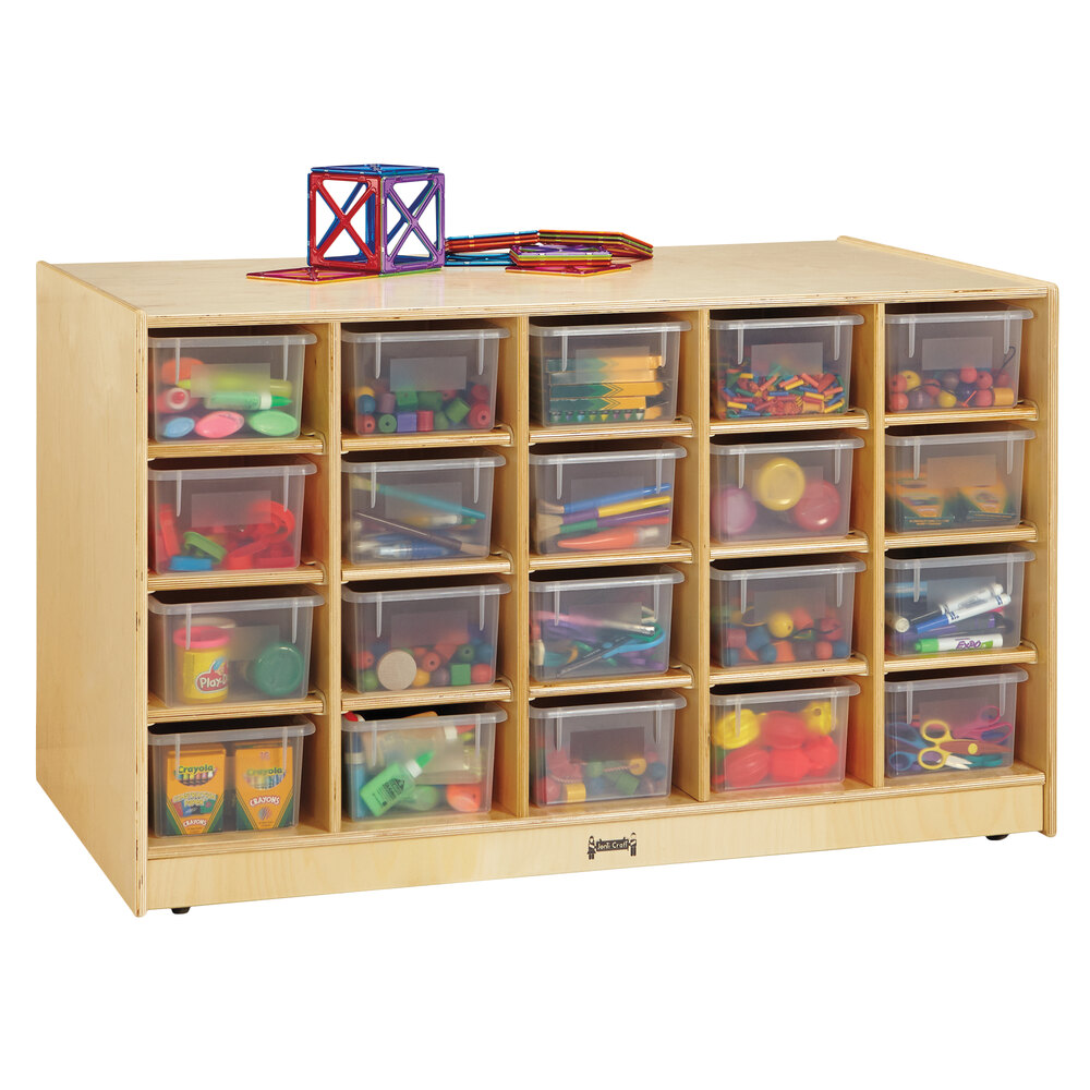 Jonti-Craft Baltic Birch 44250JC 48" x 28" x 29 1/2" Mobile 40-Cubbie Double-Sided Wood Storage Island with Clear Trays