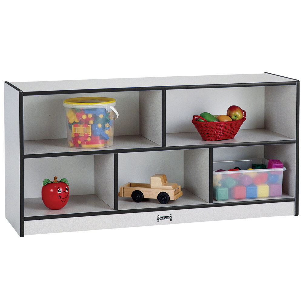 Rainbow Accents 0324JCWW180 48" x 15" x 24 1/2" Toddler-Height Mobile 5-Section Black TRUEdge Freckled-Gray Laminate Storage Cabinet