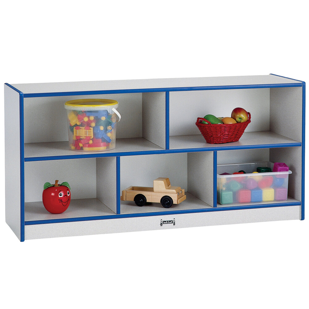 Rainbow Accents 0324JCWW003 48" x 15" x 24 1/2" Toddler-Height Mobile 5-Section Blue TRUEdge Freckled-Gray Laminate Storage Cabinet