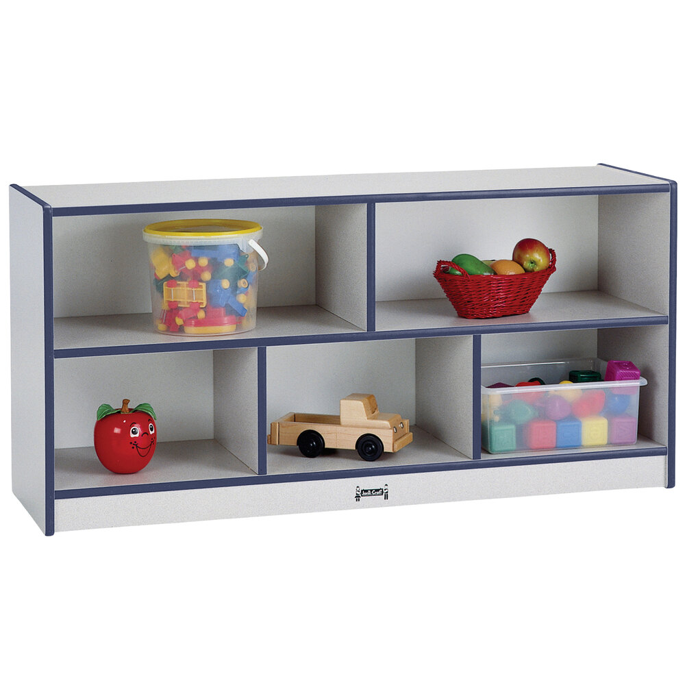 Rainbow Accents 0324JCWW112 48" x 15" x 24 1/2" Toddler-Height Mobile 5-Section Navy TRUEdge Freckled-Gray Laminate Storage Cabinet