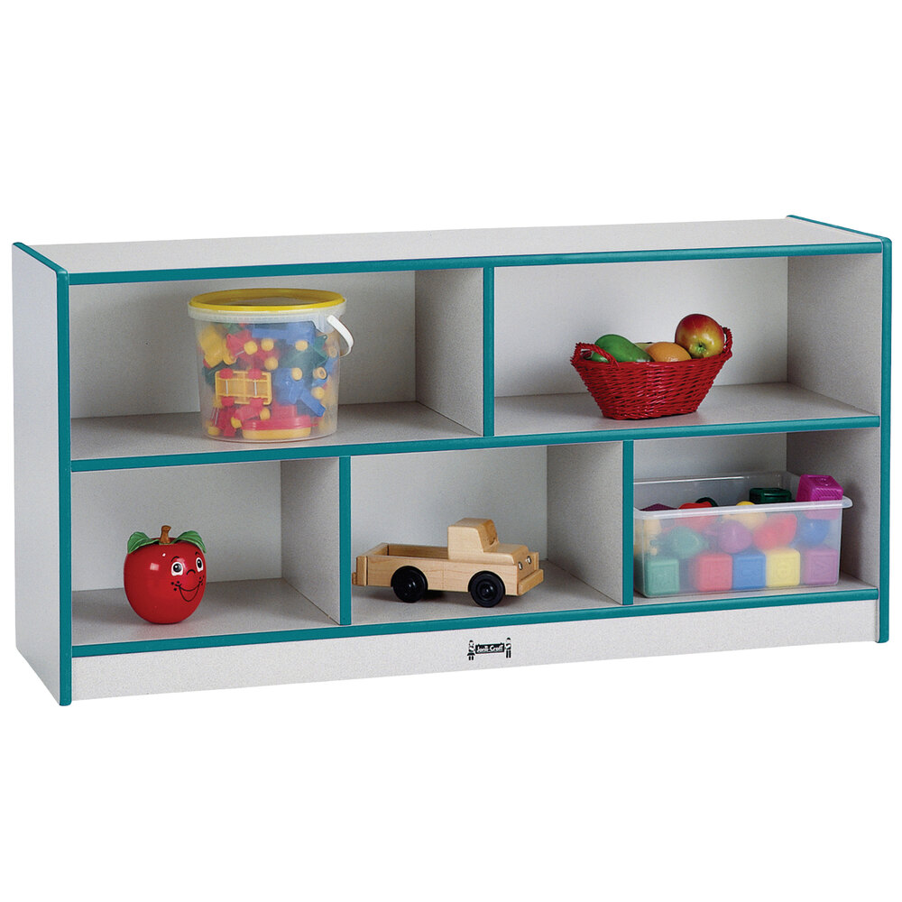 Rainbow Accents 0324JCWW005 48" x 15" x 24 1/2" Toddler-Height Mobile 5-Section Teal TRUEdge Freckled-Gray Laminate Storage Cabinet