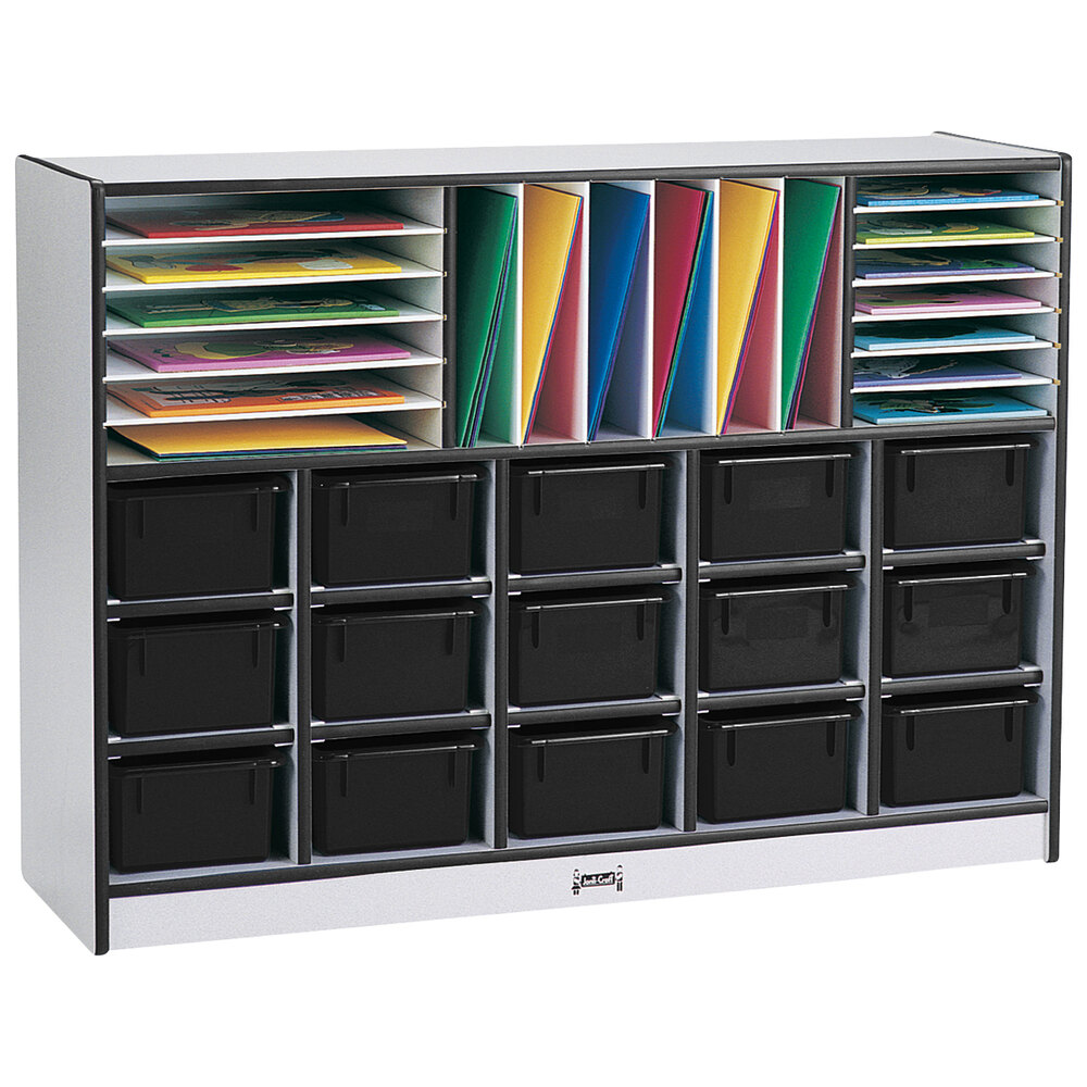 Rainbow Accents 0416JCWW180 48" x 15" x 35 1/2" Mobile Black TRUEdge Freckled-Gray Laminate Communication and Storage Cabinet with Black Trays