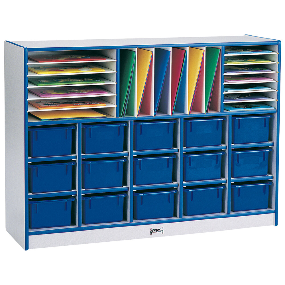 Rainbow Accents 0416JCWW003 48" x 15" x 35 1/2" Mobile Blue TRUEdge Freckled-Gray Laminate Communication and Storage Cabinet with Blue Trays