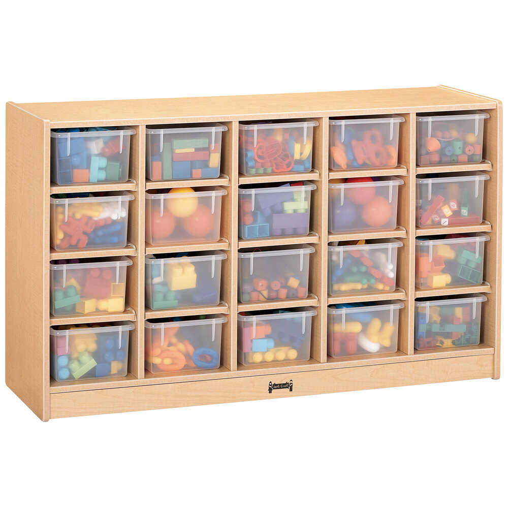 Jonti-Craft Baltic Birch 04210JC 48" x 15" x 29 1/2" Mobile 20-Cubbie Wood Storage Cabinet with Clear Trays