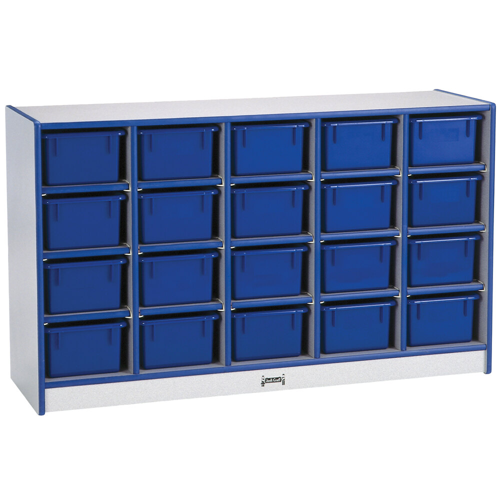 Rainbow Accents 0421JCWW003 48" x 15" x 29 1/2" Mobile 20-Cubbie Blue TRUEdge Freckled-Gray Laminate Storage Cabinet with Blue Trays
