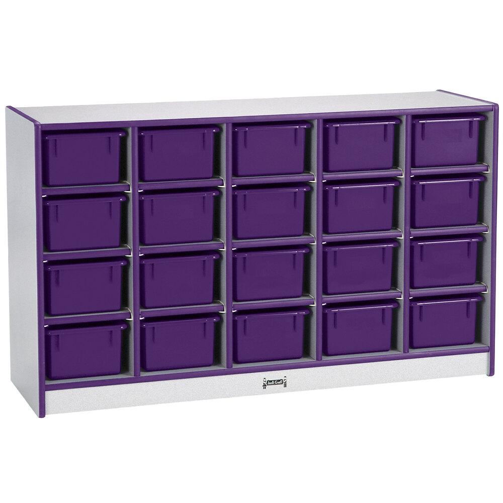 Rainbow Accents 0421JCWW004 48" x 15" x 29 1/2" Mobile 20-Cubbie Purple TRUEdge Freckled-Gray Laminate Storage Cabinet with Purple Trays