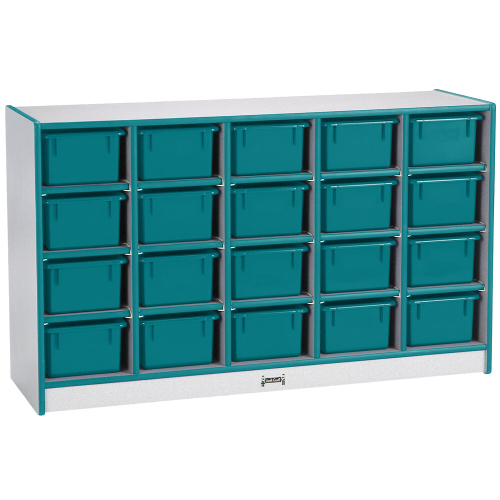 Rainbow Accents 0421JCWW005 48" x 15" x 29 1/2" Mobile 20-Cubbie Teal TRUEdge Freckled-Gray Laminate Storage Cabinet with Teal Trays