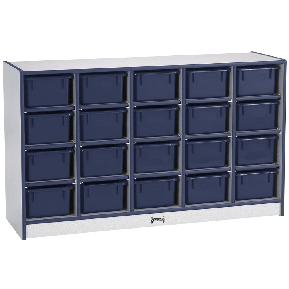 Rainbow Accents 0421JCWW112 48" x 15" x 29 1/2" Mobile 20-Cubbie Navy TRUEdge Freckled-Gray Laminate Storage Cabinet with Navy Trays