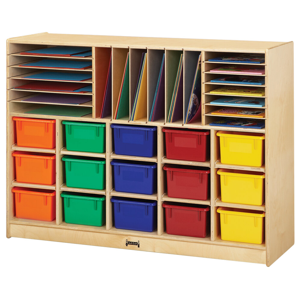 Jonti-Craft Baltic Birch 0416JC 48" x 15" x 35 1/2" Mobile 15-Cubbie Wood Communication and Storage Cabinet with Colored Trays